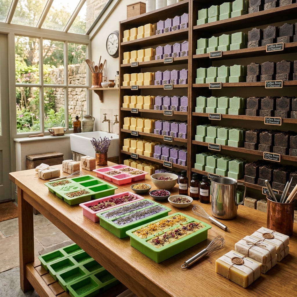 Hilary Organic Soap Artisan Workshop and Curing Room with hundreds of cold-pressed bars curing on wooden shelves and silicone molds on workbench