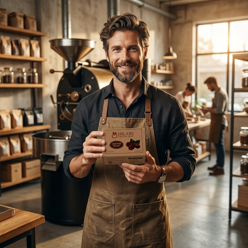 European male artisan holding Coffee Exfoliating organic soap box
