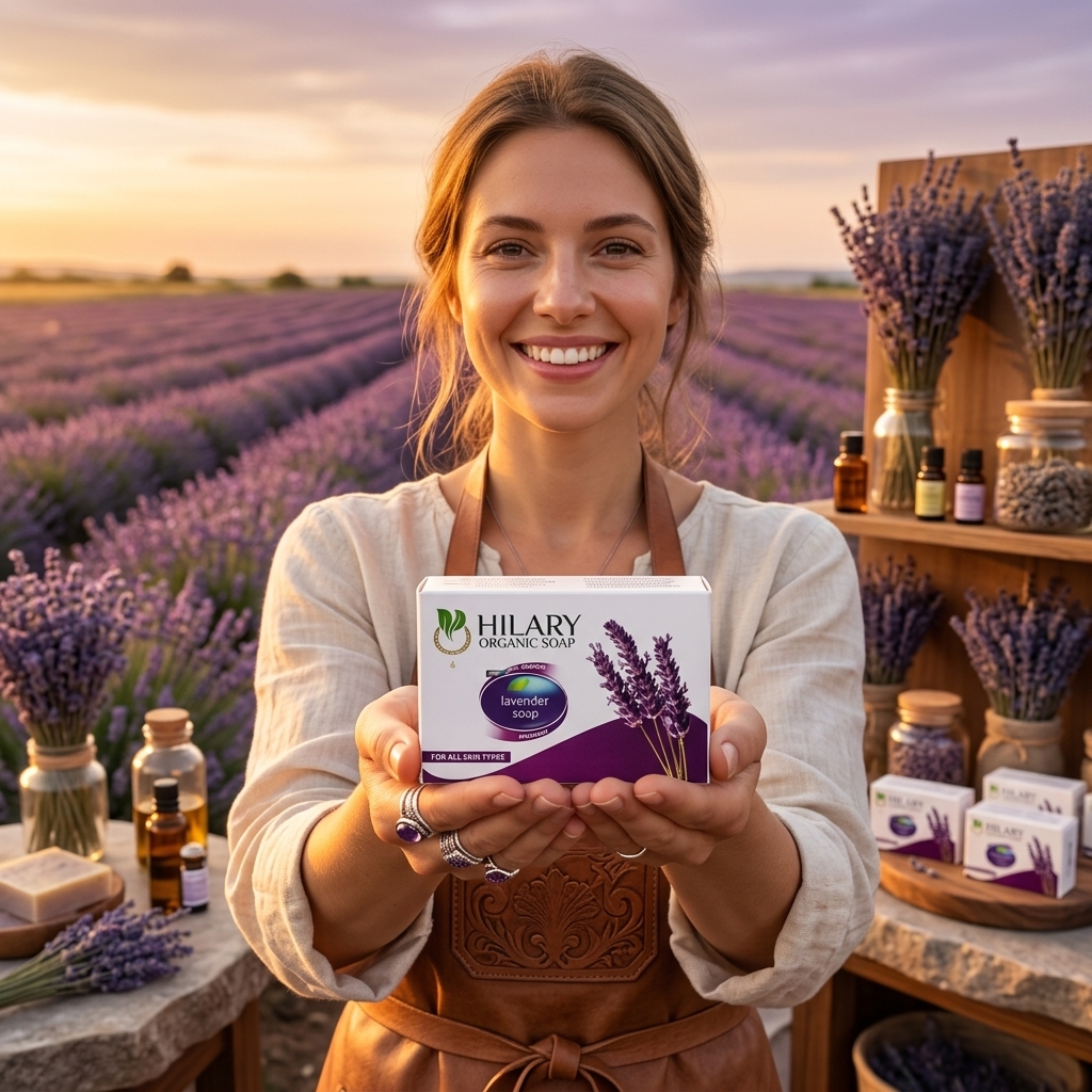 French artisan holding purple Lavender & Shea organic soap box
