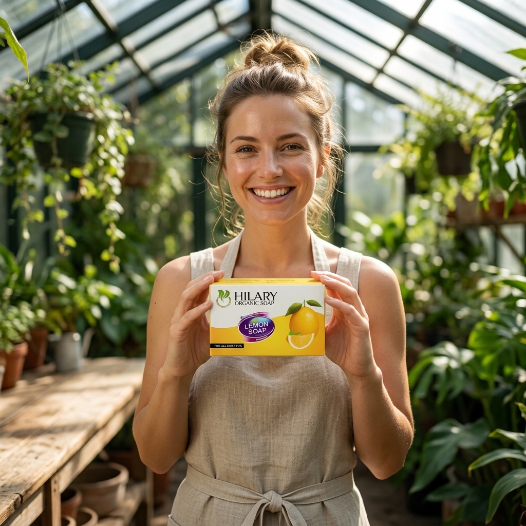 Austrian female artisan holding yellow Lemon organic soap box