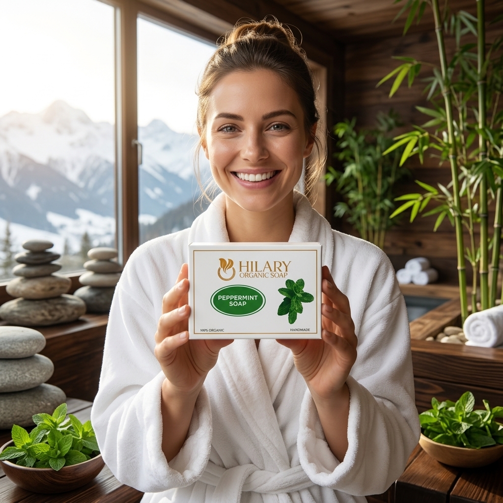 Alpine spa patron holding green Peppermint Cooling organic soap box