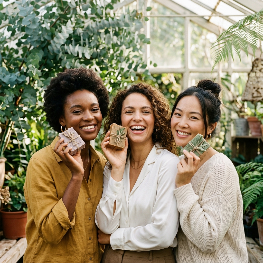 Three diverse women holding organic soaps in greenhouse