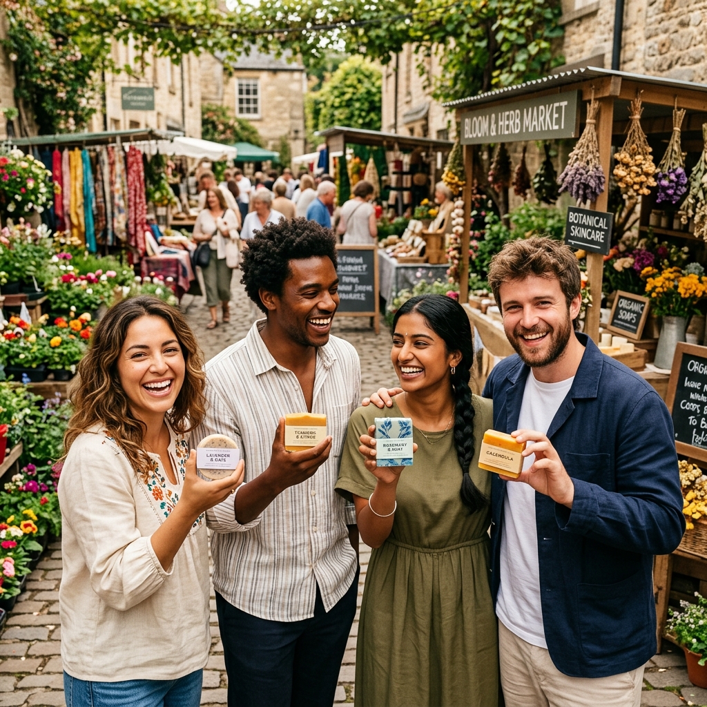 Group of four holding organic soaps at artisan market